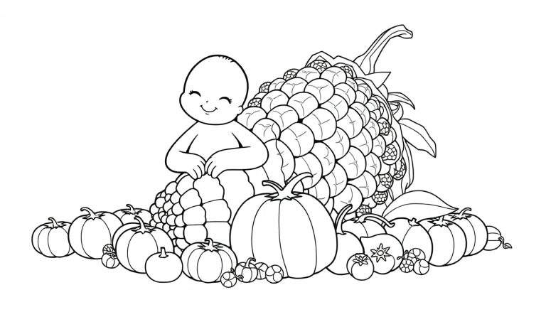 Un bébé cartoon souriant assis parmi des fruits et légumes d'automne, conçu comme un panneau de coloriage.
