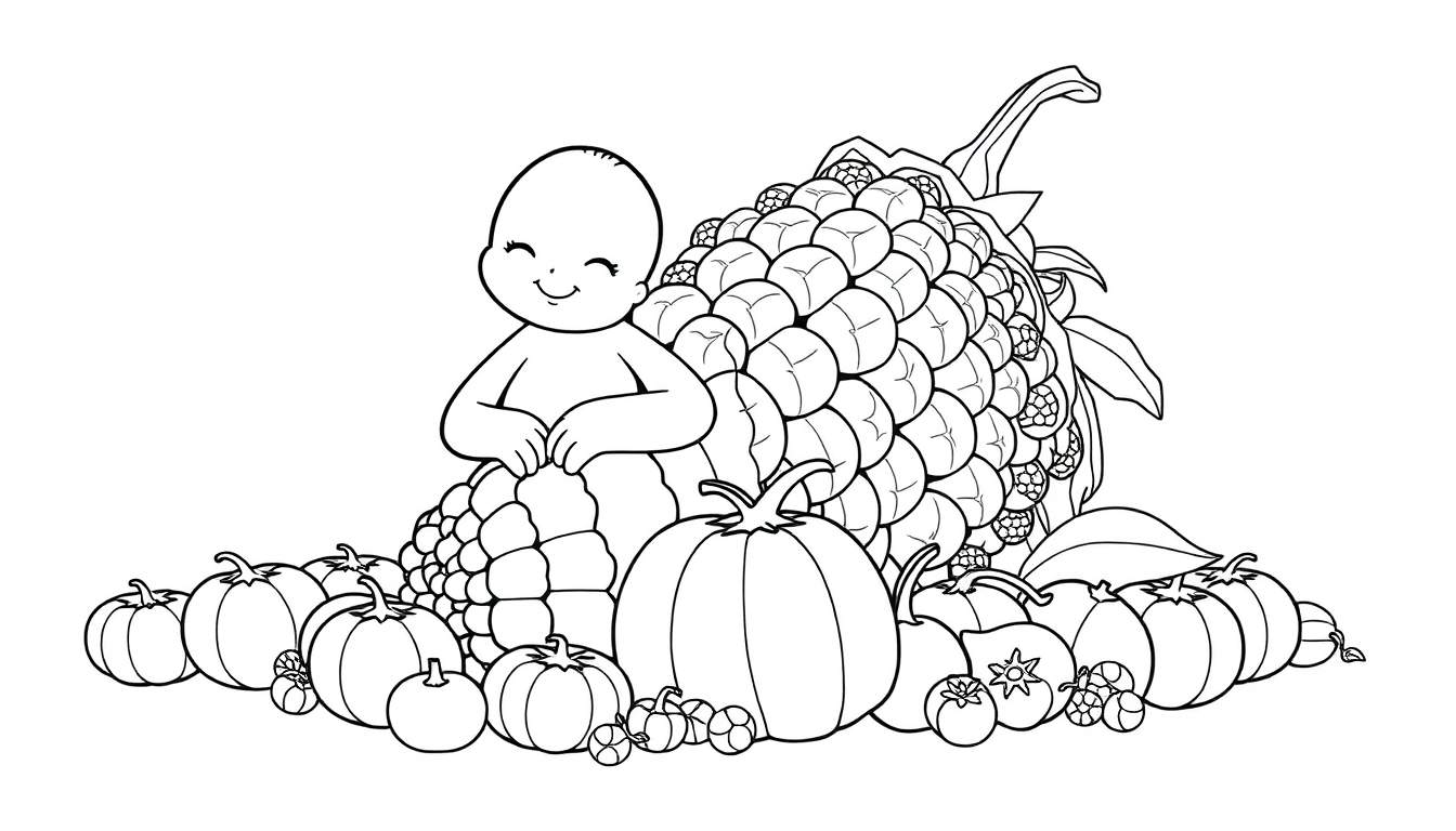 Un bébé cartoon souriant assis parmi des fruits et légumes d'automne, conçu comme un panneau de coloriage.