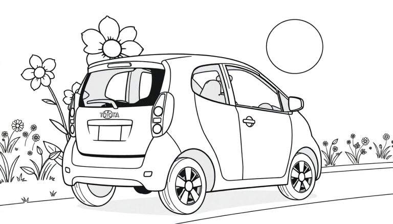 Dessin au trait d'une voiture Toyota iQ avec un soleil et des fleurs.
