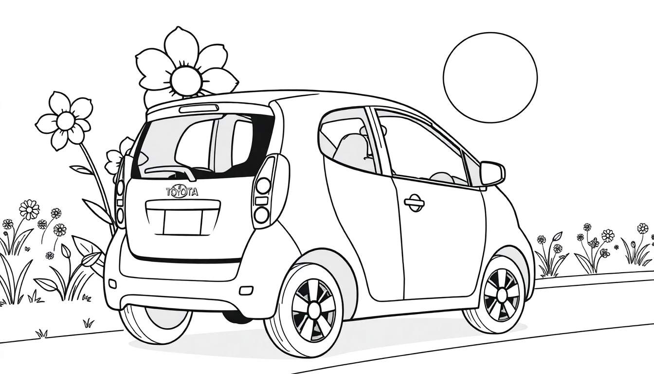 Dessin au trait d'une voiture Toyota iQ avec un soleil et des fleurs.