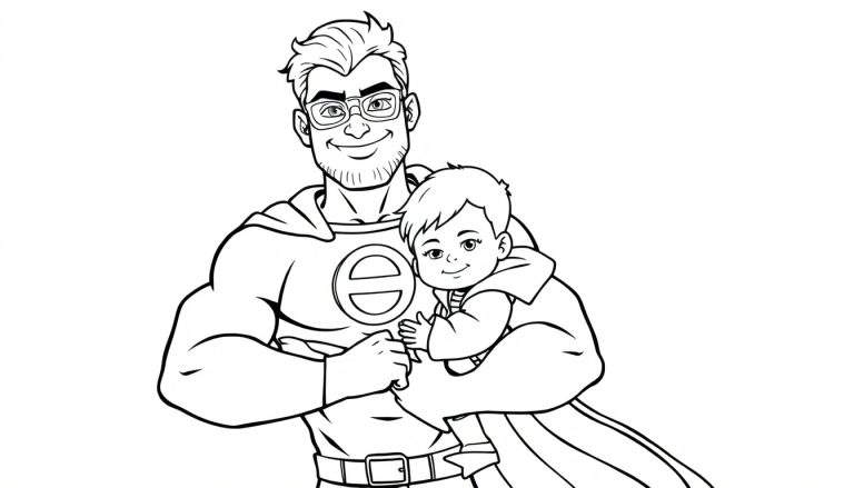 Papa super-héros tenant son bébé, avec un color panel.