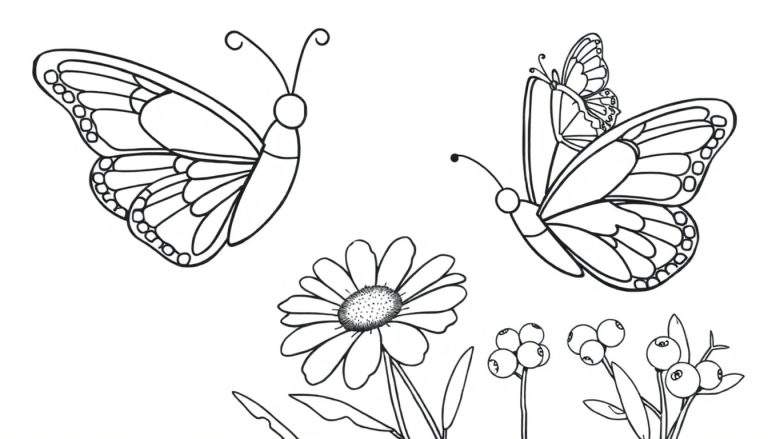 Une page de coloriage avec deux papillons et une fleur.
