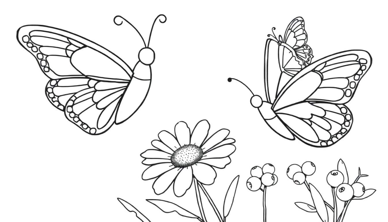 Une page de coloriage avec deux papillons et une fleur.