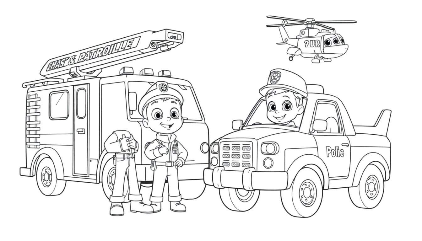 Dessin au trait d'un camion de pompiers et d'une voiture de police avec des personnages de dessin animé, style page à colorier pour enfants.