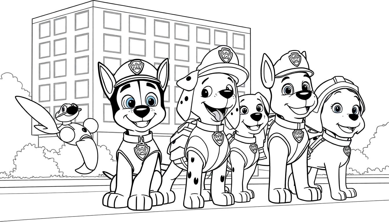 Dessin au trait noir et blanc de cinq chiots Paw Patrol alignés, avec un bâtiment et un oiseau en arrière-plan, prêt pour un color panel.