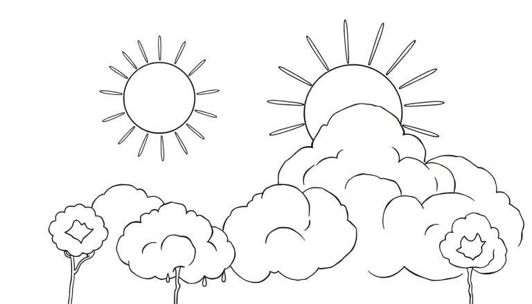 Un soleil heureux et des nuages doux dans un color panel, prêt à être colorié.
