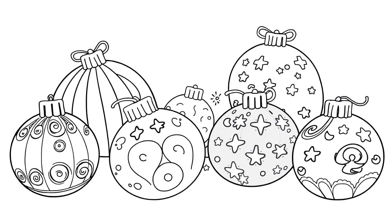 Dessin au trait de boules de Noël colorées et décorées, prêtes à être peintes.