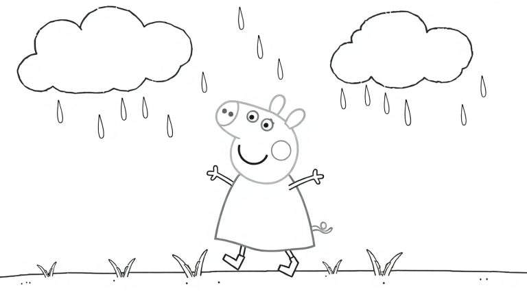 Peppa Pig souriant sous la pluie avec les bras ouverts, sur fond de nuages et d'herbe.