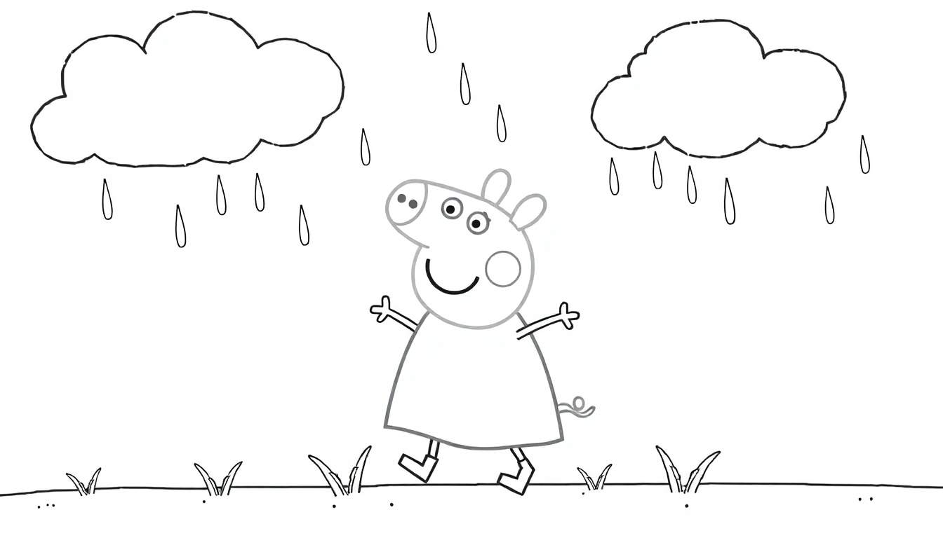 Peppa Pig souriant sous la pluie avec les bras ouverts, sur fond de nuages et d'herbe.