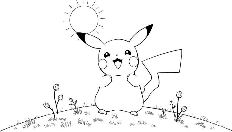 Pikachu souriant sur une colline, prêt à être colorié.