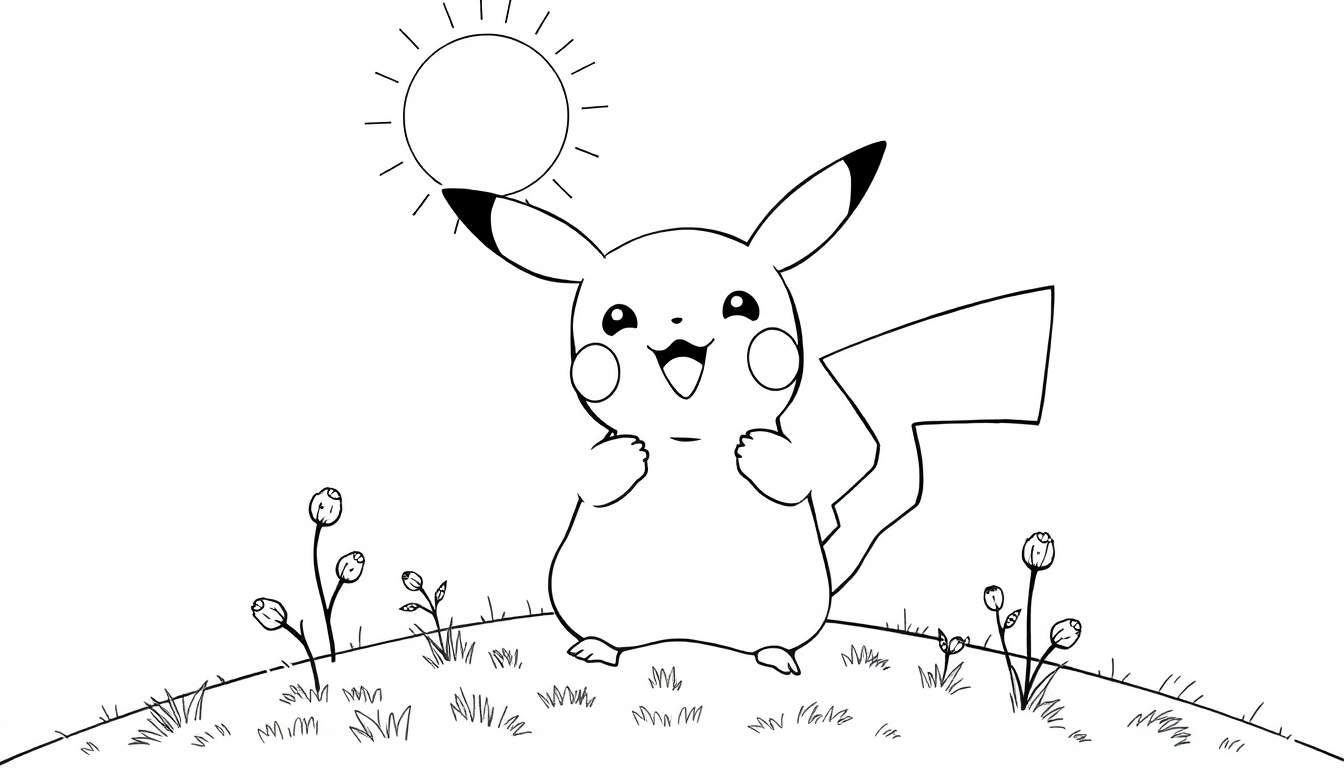 Pikachu souriant sur une colline, prêt à être colorié.