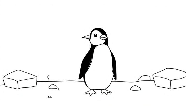 Un dessin au trait d'un pingouin sur un terrain glacé, prêt pour le color panel.