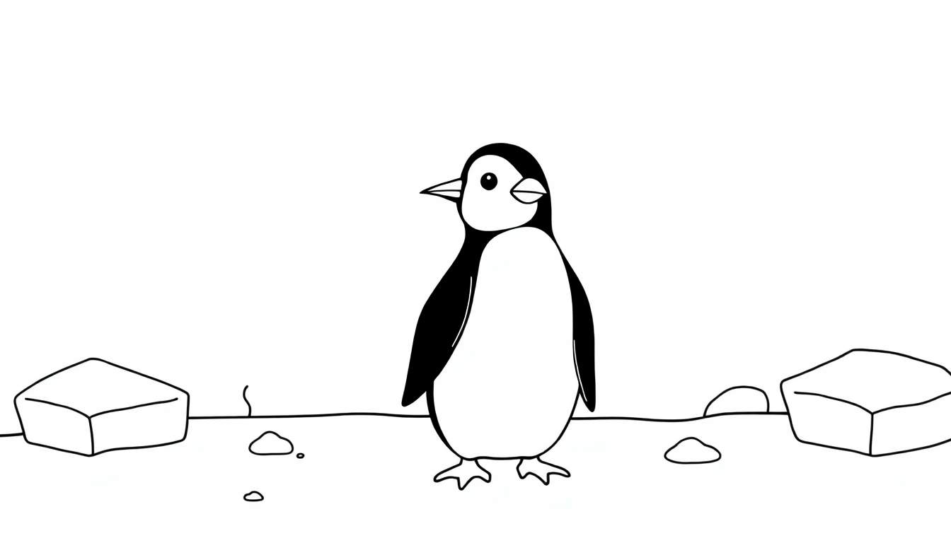 Un dessin au trait d'un pingouin sur un terrain glacé, prêt pour le color panel.