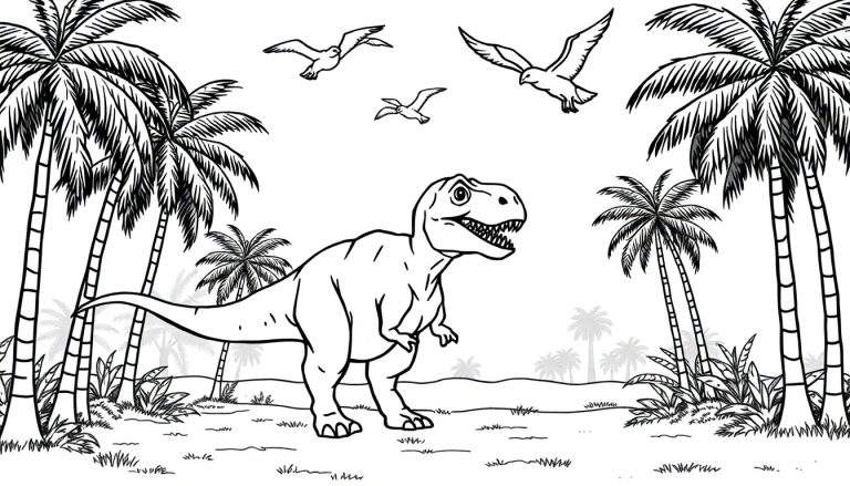 Dessin de dinosaure T-Rex dans une forêt préhistorique, un plateau couleur.