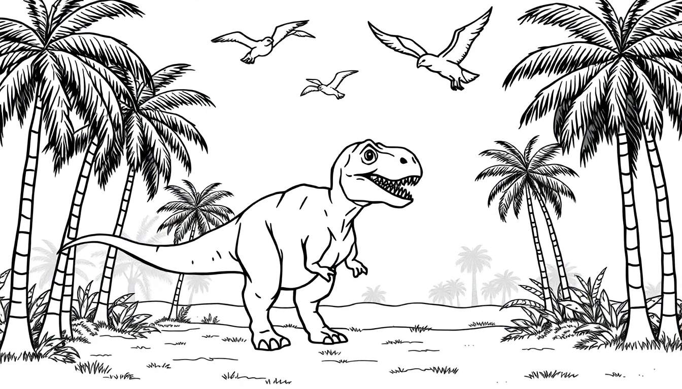Dessin de dinosaure T-Rex dans une forêt préhistorique, un plateau couleur.