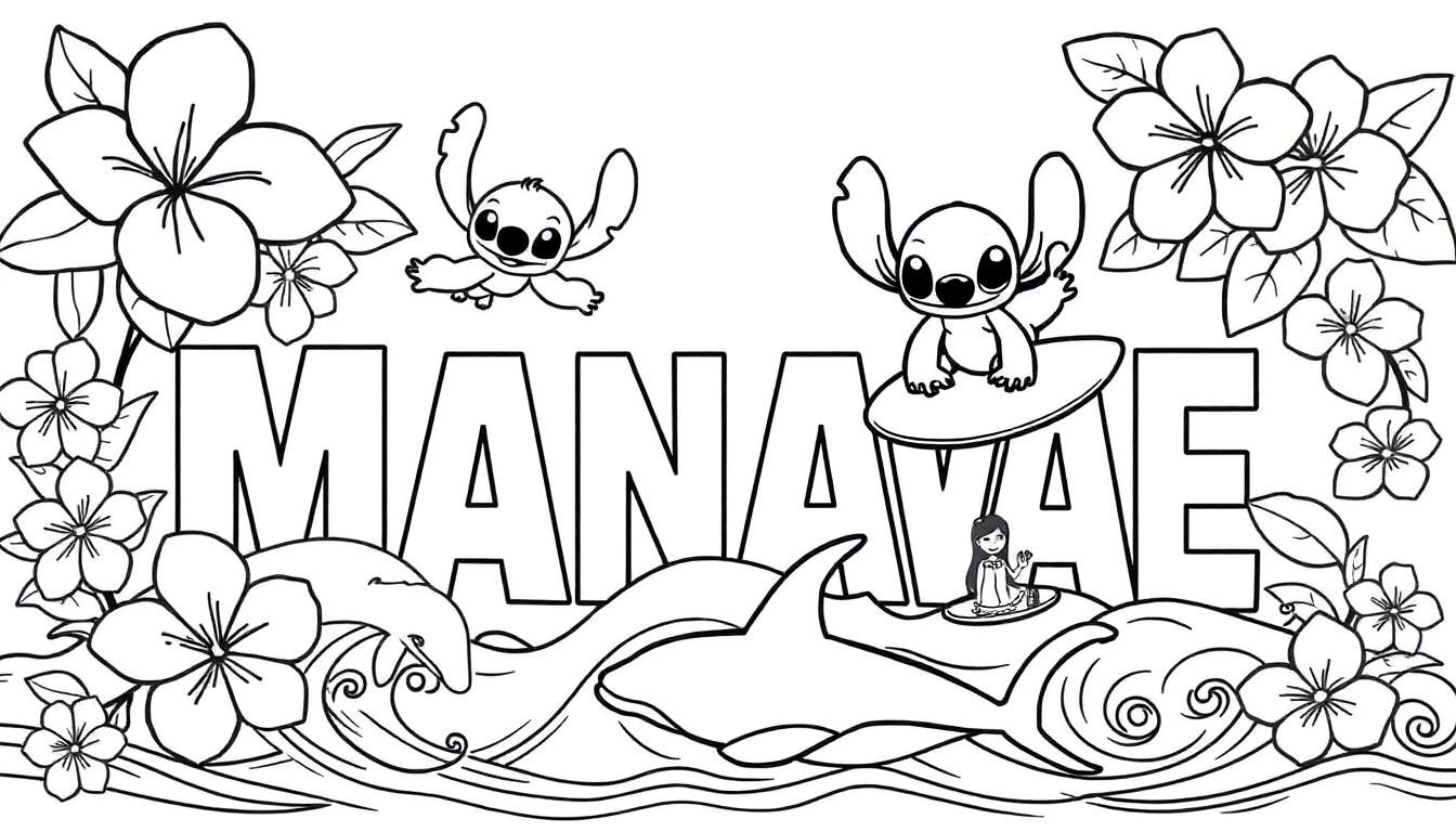Planche de coloriage de MANAVAE avec Stitch, Lilo, fleurs d'hibiscus et de frangipanier, vagues, dauphins et une orque.