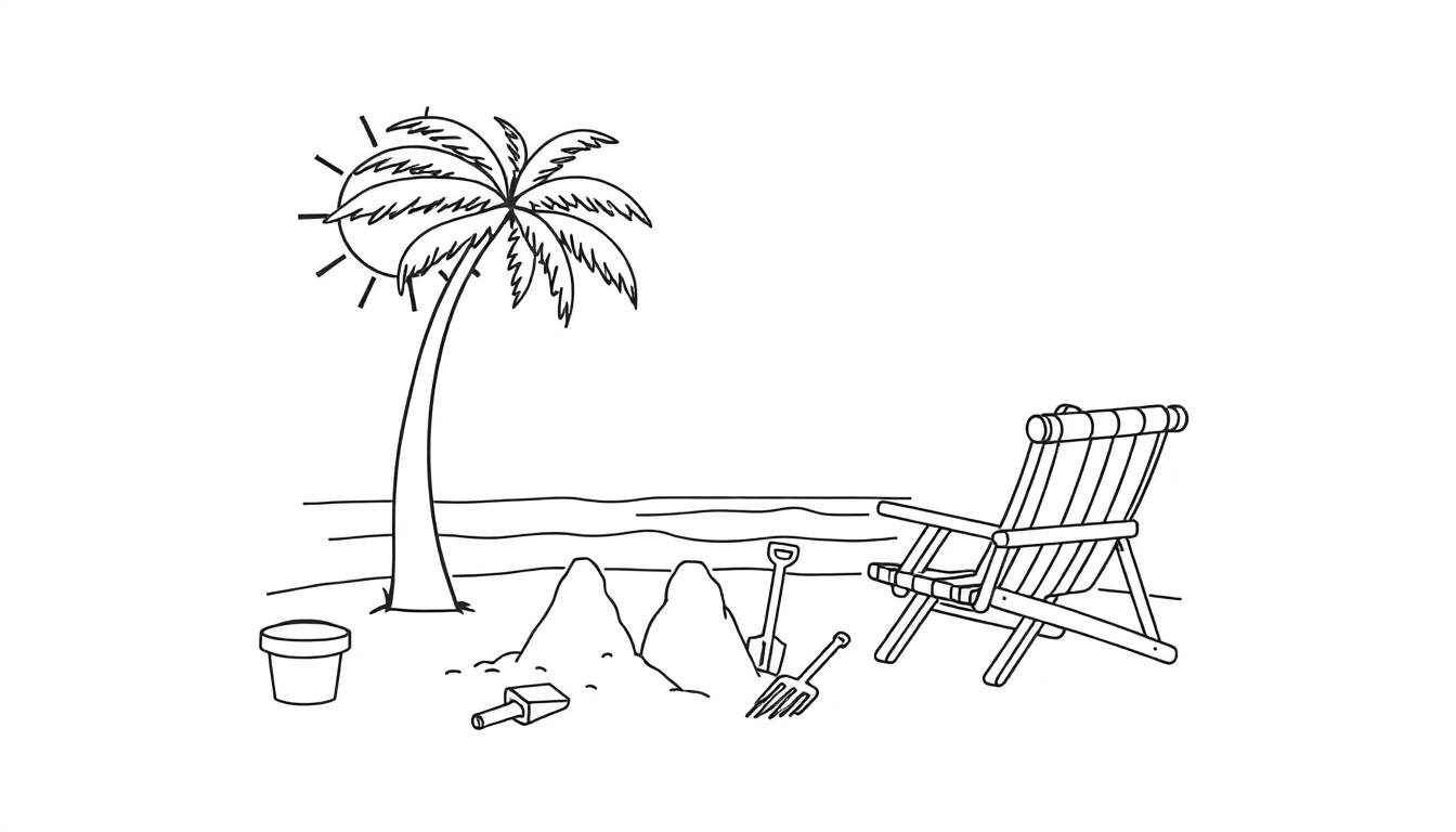 Une planche de plage en noir et blanc avec un palmier, le soleil, un seau, un château de sable, une pelle et un râteau.