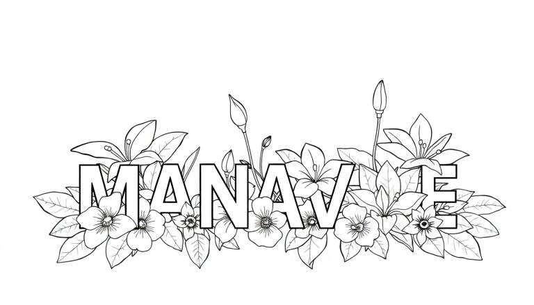 Planche de coloriage avec le mot MANAVAE entouré de fleurs et de feuilles.