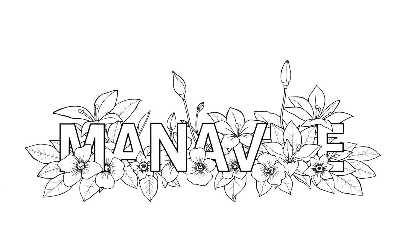 Planche de coloriage avec le mot MANAVAE entouré de fleurs et de feuilles.