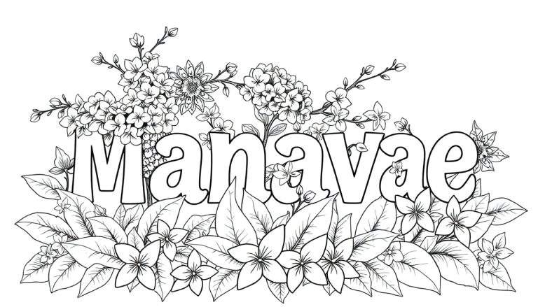 Une planche à colorier avec le prénom « Manavae » entouré de fleurs de lilas, de fleurs de Liss, de fleurs de tiares et de feuilles de manguier, le tout dans un style détaillé.