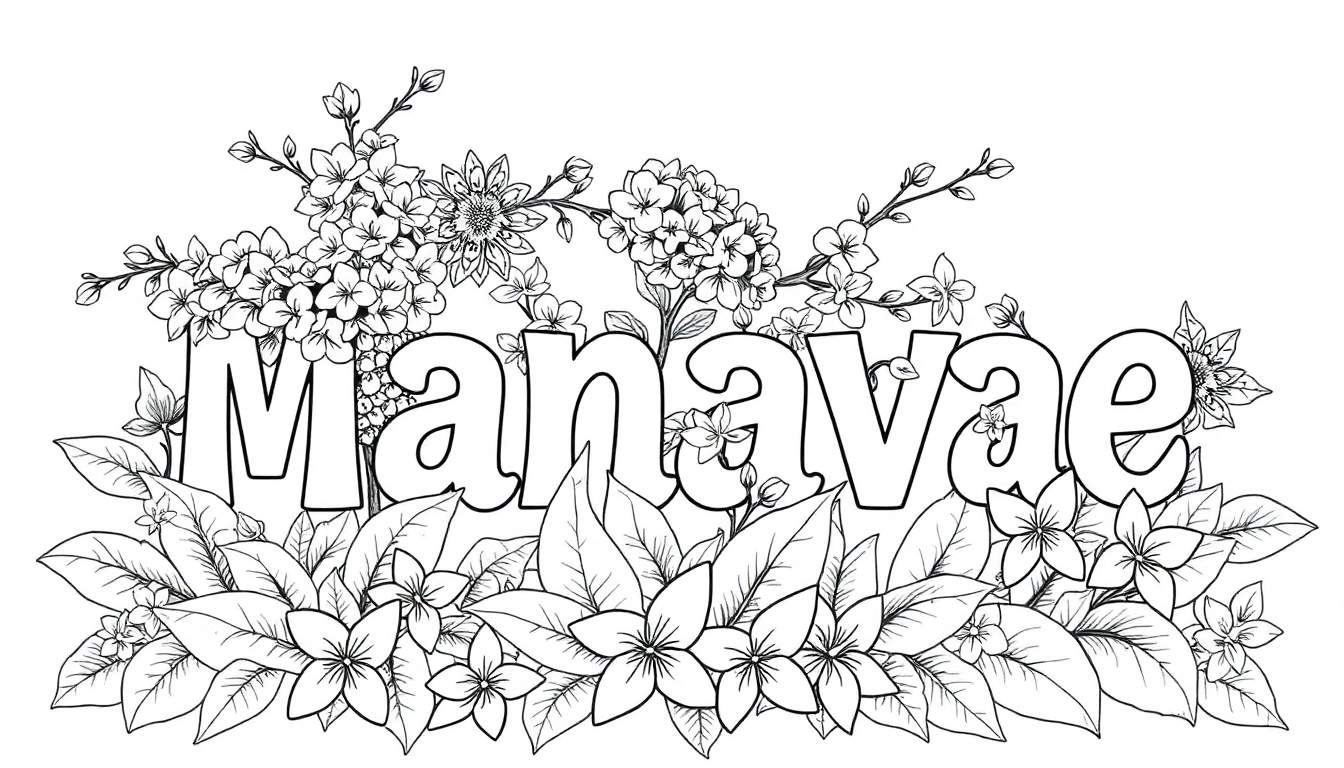Une planche à colorier avec le prénom « Manavae » entouré de fleurs de lilas, de fleurs de Liss, de fleurs de tiares et de feuilles de manguier, le tout dans un style détaillé.