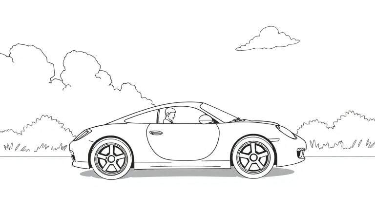 Planche à colorier de voiture de sport avec conducteur.