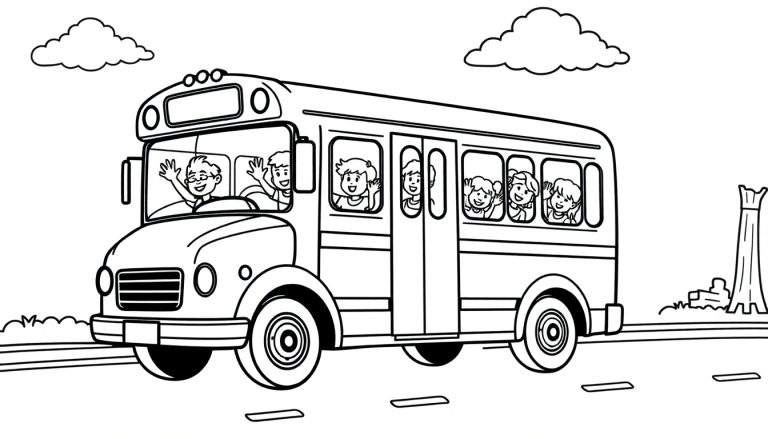 Dessin d'une plaque de bus scolaire colorée avec des enfants qui disent au revoir.