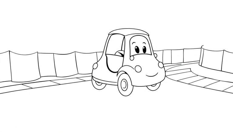 Dessin en noir et blanc d'une voiture de dessin animé souriante et joyeuse sur une piste, prête à être coloriée, faisant partie d'une plaque à colorier facile.