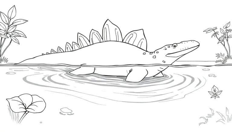 Dessin au trait d'un dinosaure aquatique de type plésiosaure nageant dans un plan d'eau avec des plantes aquatiques, pour une page de coloriage.