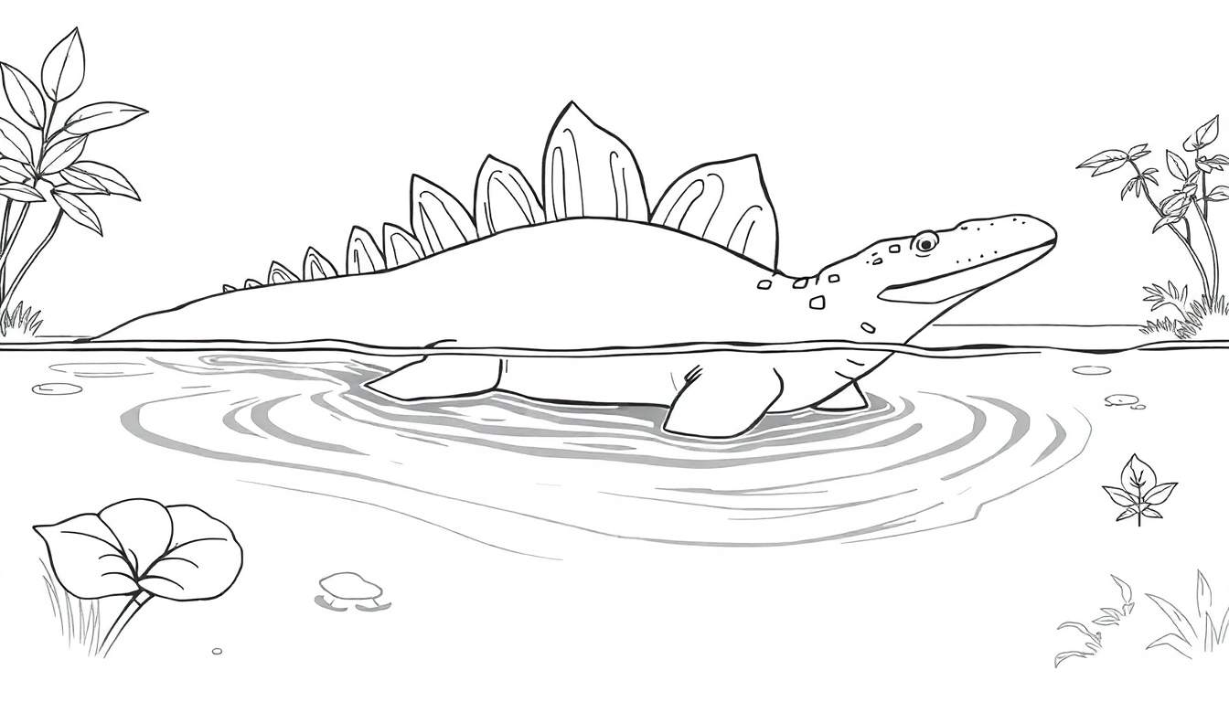 Dessin au trait d'un dinosaure aquatique de type plésiosaure nageant dans un plan d'eau avec des plantes aquatiques, pour une page de coloriage.