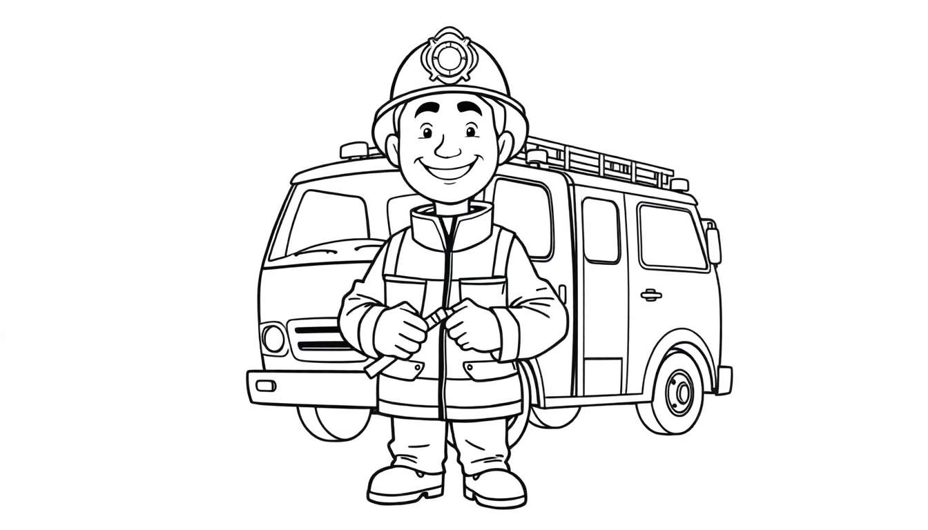 Un dessin au trait d'un pompier souriant avec un casque et un outil, devant un camion de pompiers rouge, sur un fond blanc. Le dessin comprend un panneau coloré.