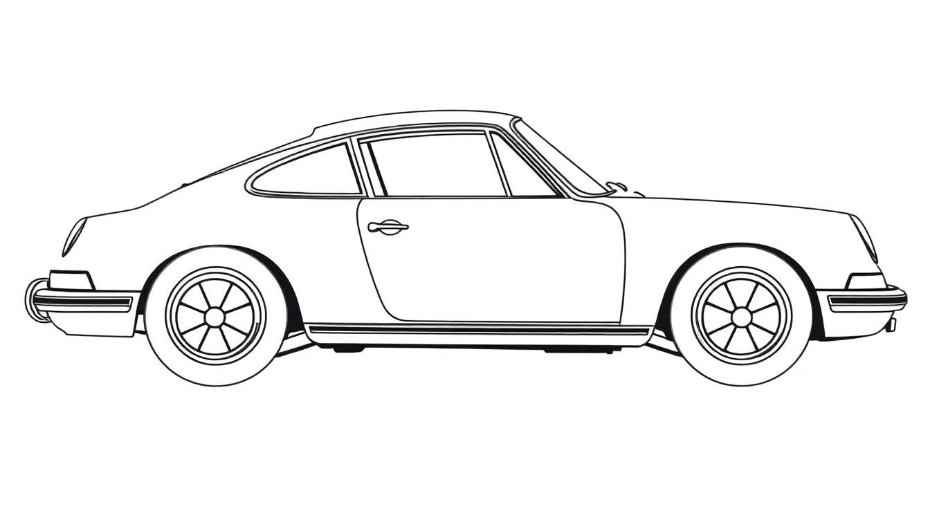 Dessin au trait d'une Porsche 911 classique, vue de profil, avec une bande décorative et des roues à cinq rayons.