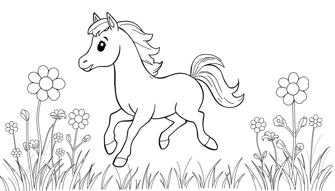 Un poulain dessiné à la main galope dans un champ fleuri.