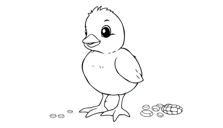 Un dessin au trait d'un poussin jaune mignon picorant de la nourriture, prêt pour un color panel.