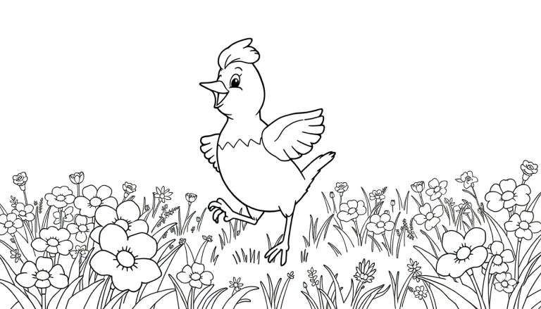 Poussin joyeux courant dans un champ de fleurs colorées, prêt pour un color panel.