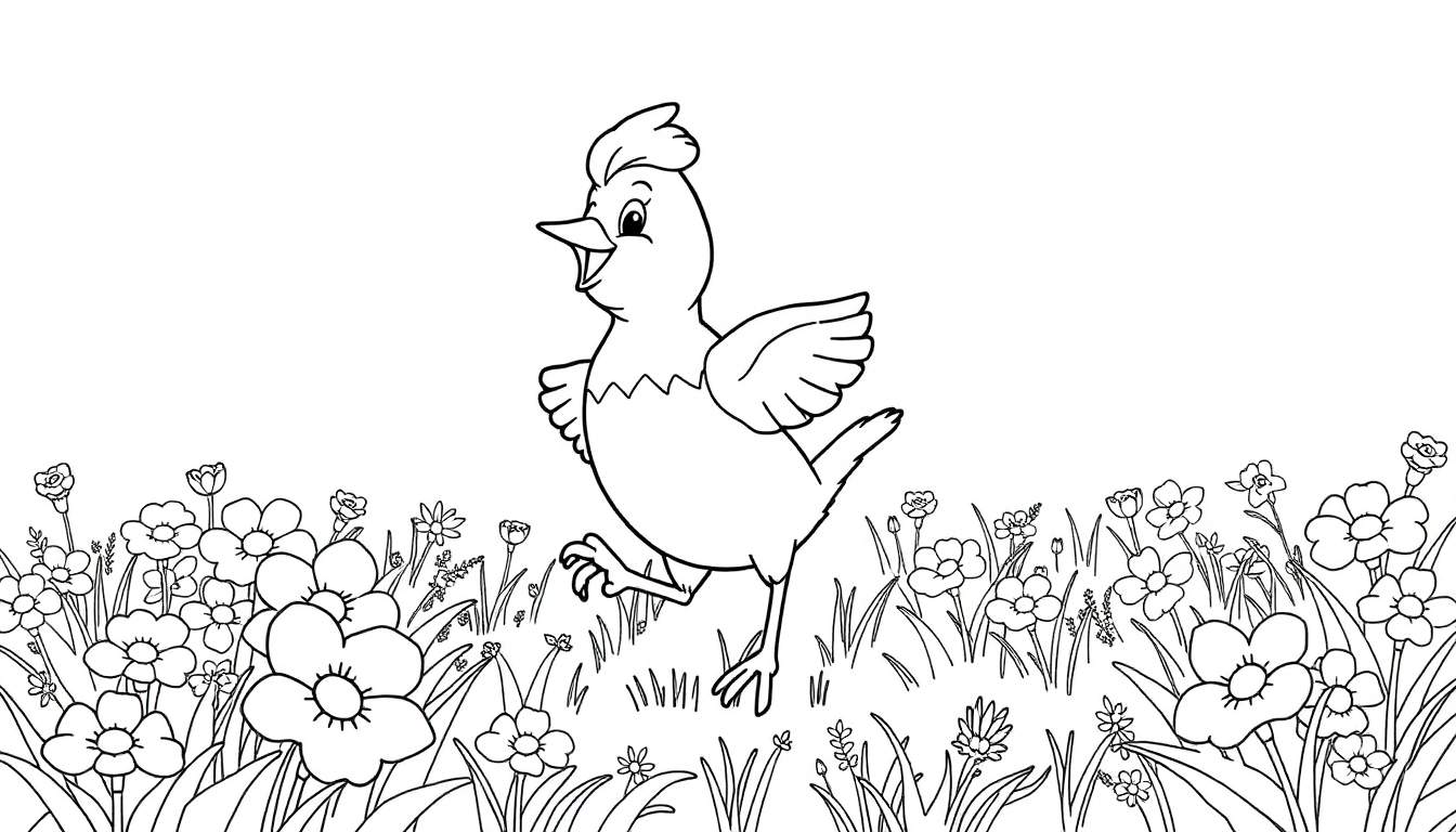 Poussin joyeux courant dans un champ de fleurs colorées, prêt pour un color panel.