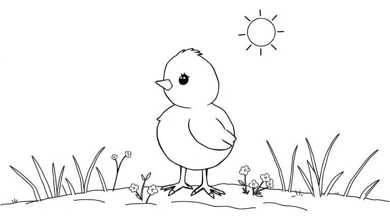 Un poussin mignon dans l'herbe sous le soleil, prêt à être colorié. Un panneau coloré pour enfants.