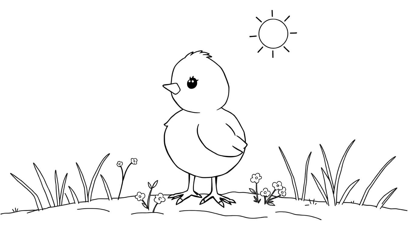 Un poussin mignon dans l'herbe sous le soleil, prêt à être colorié. Un panneau coloré pour enfants.