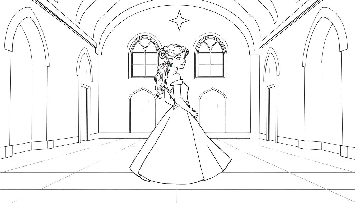 Princesse dans sa robe de bal dans un château, prête à colorier.