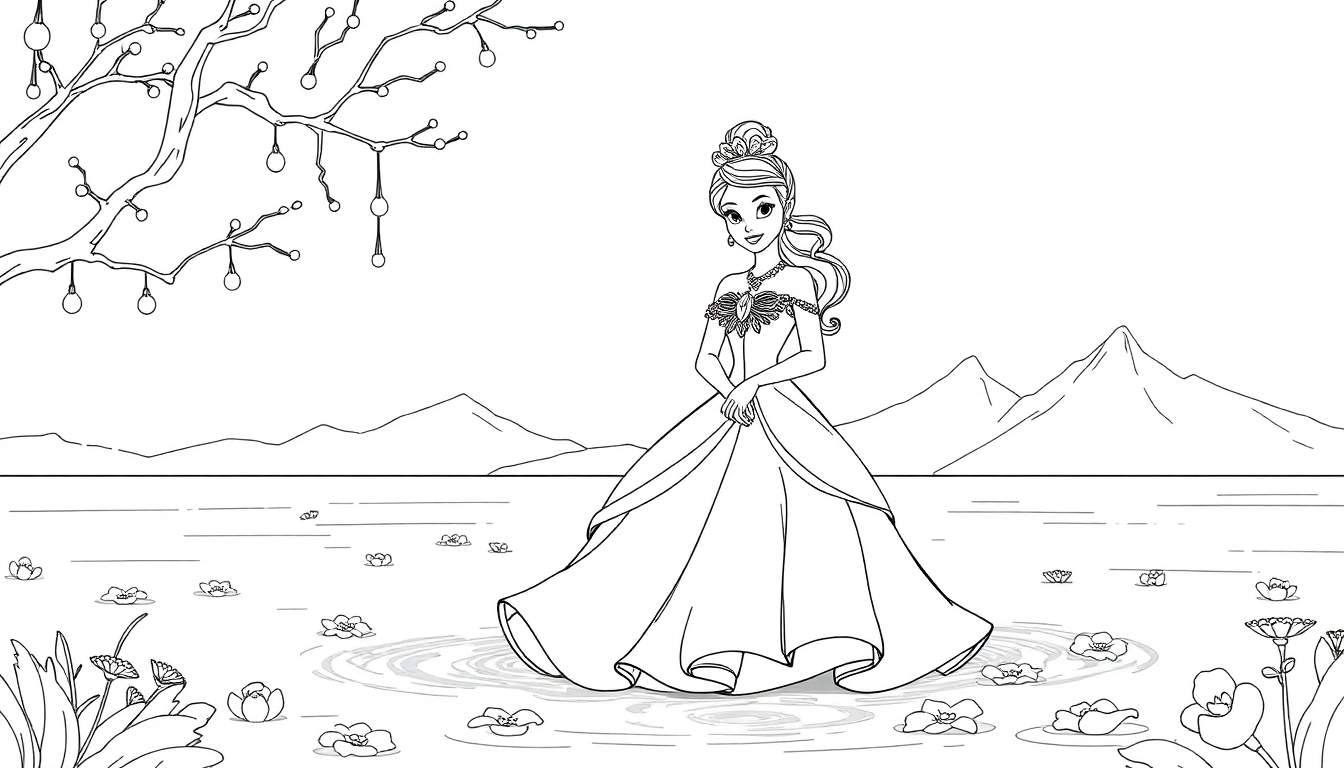 Dessin en noir et blanc d'une princesse dans un étang, avec des montagnes et un arbre décoré en arrière-plan. Le color panel de l'image montre un croquis détaillé.