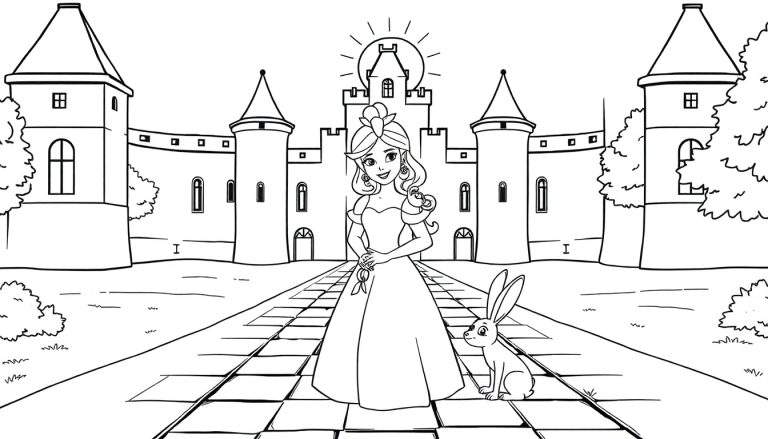 Une princesse Disney souriante dans un château magique, entourée de ses amis animaux. Prête pour l'aventure et la couleur ! Ce color panel est parfait pour les enfants.
