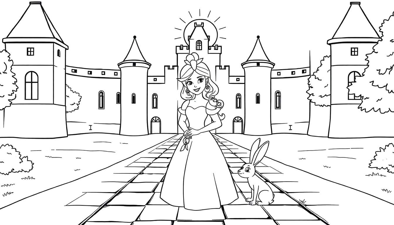 Une princesse Disney souriante dans un château magique, entourée de ses amis animaux. Prête pour l'aventure et la couleur ! Ce color panel est parfait pour les enfants.