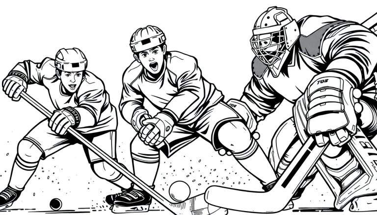 Dessin au trait noir et blanc d'un match de hockey sur glace, prêt pour un coloriage.