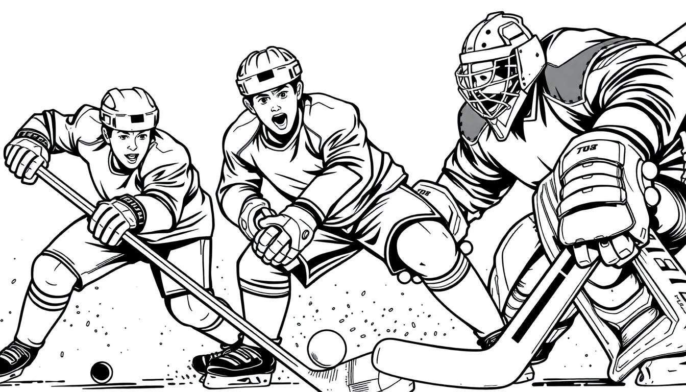 Dessin au trait noir et blanc d'un match de hockey sur glace, prêt pour un coloriage.