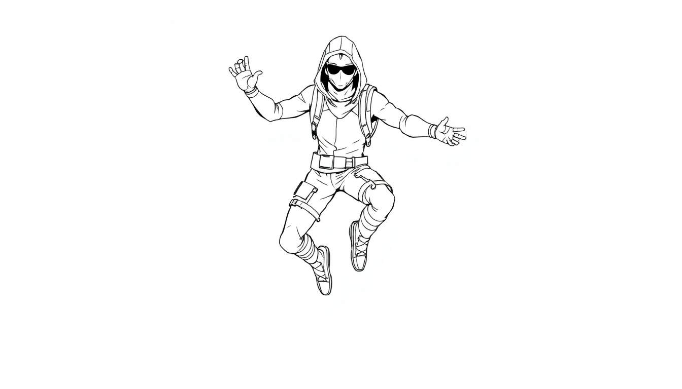 Personnage de jeu vidéo en saut, style dessin au trait noir et blanc, prêt pour une action colorée.