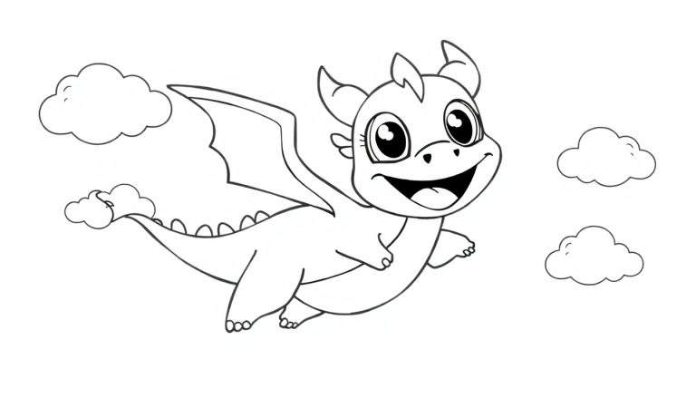 Puff le dragon joyeux, page de coloriage avec nuages