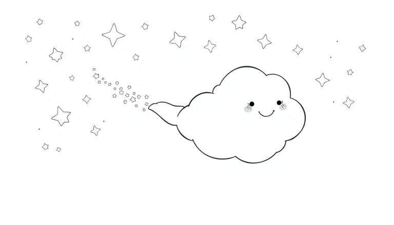Un nuage mignon au trait noir et blanc, avec des joues roses, un grand sourire, de grands yeux et une traînée d'étoiles, entouré d'étoiles et de points.