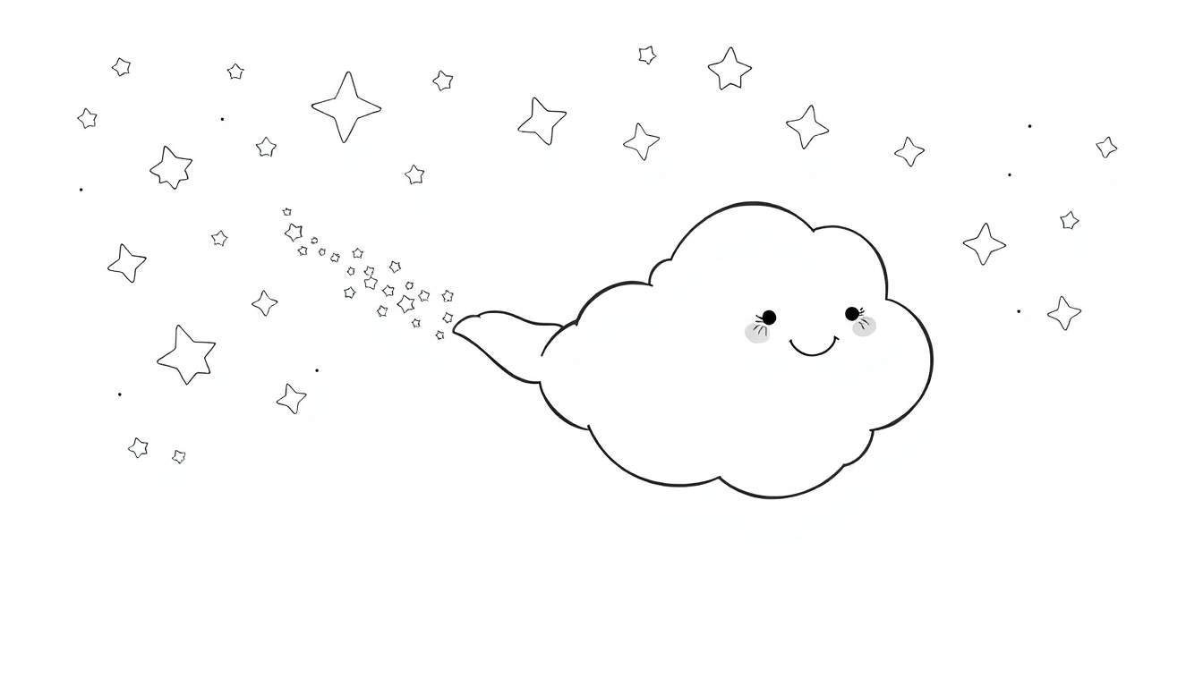 Un nuage mignon au trait noir et blanc, avec des joues roses, un grand sourire, de grands yeux et une traînée d'étoiles, entouré d'étoiles et de points.