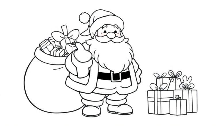 Le Père Noël de dessin animé en noir et blanc avec une hotte remplie de cadeaux, un color panel.