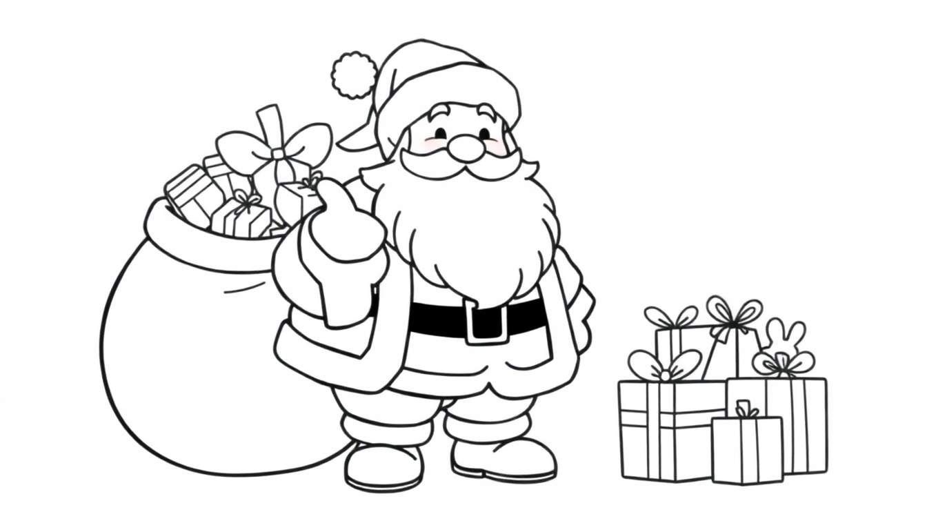 Le Père Noël de dessin animé en noir et blanc avec une hotte remplie de cadeaux, un color panel.